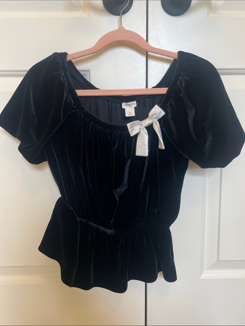 Crewcuts Black Velvet Puff-Sleeve Top with Silver Bow Accent